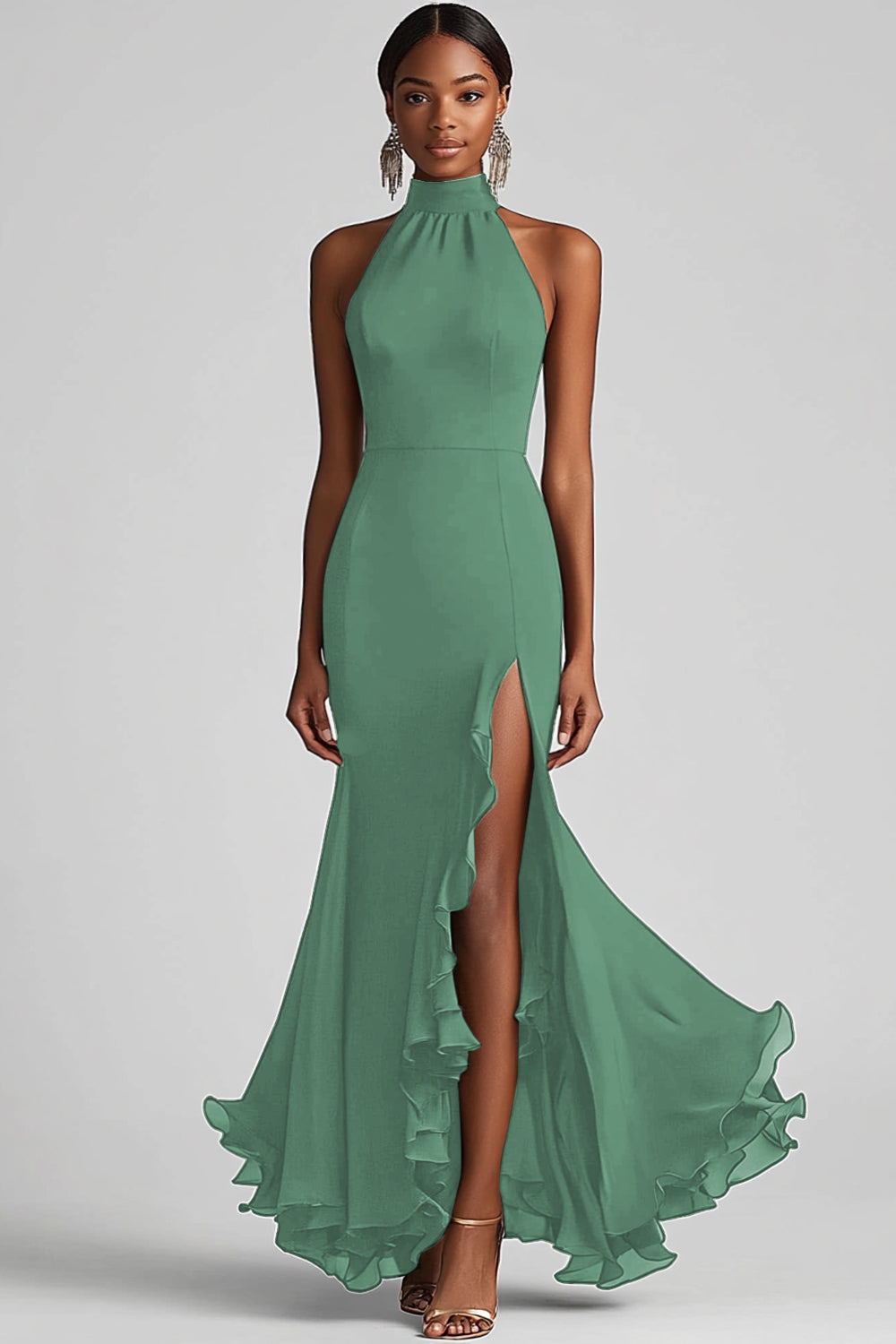 Halter Sleeveless Sheath Ruffled Black Tie Dress with Slit