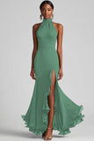 Halter Sleeveless Sheath Ruffled Black Tie Dress with Slit