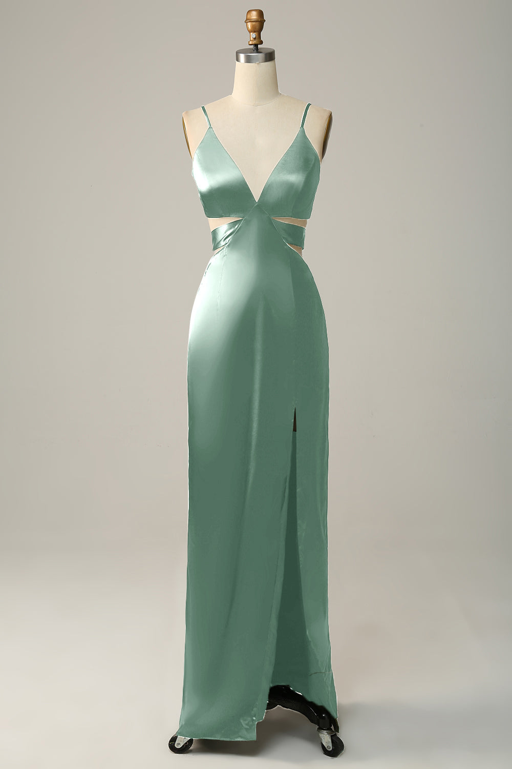 Dusty Rose Spaghetti Straps Cut Out Long Bridesmaid Dress with Slit