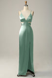Dusty Rose Spaghetti Straps Cut Out Long Bridesmaid Dress with Slit