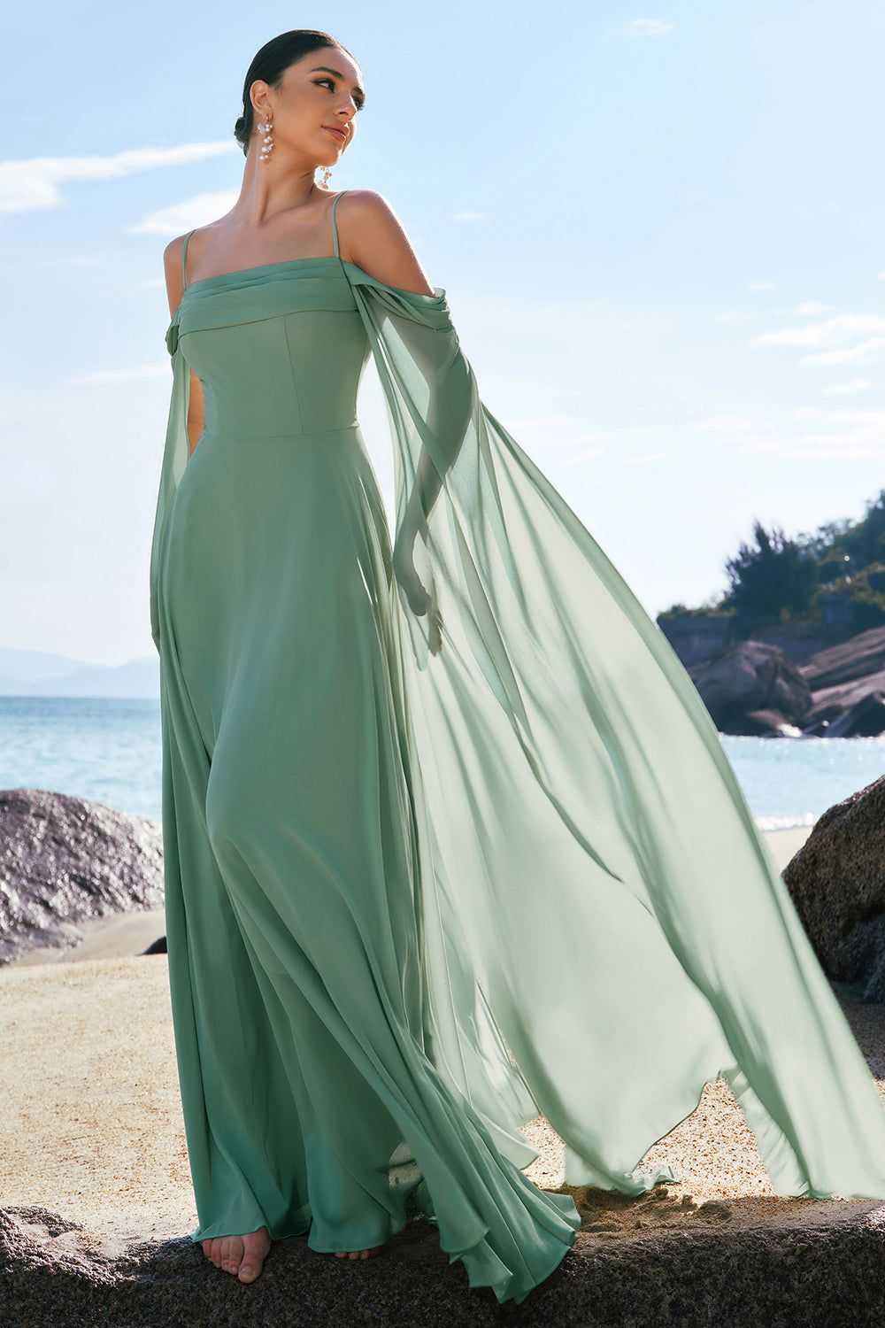 Light Green Chiffon Cold Shoulder Watteau Train Bridesmaid Dress