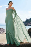 Light Green Chiffon Cold Shoulder Watteau Train Bridesmaid Dress