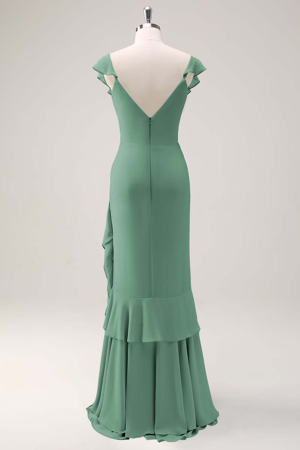 Dusty Sage V-Neck Mermaid Chiffon Bridesmaid Dress with Ruffles