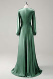 Dark Green Satin Long Sleeves A-Line Bridesmaid Dress