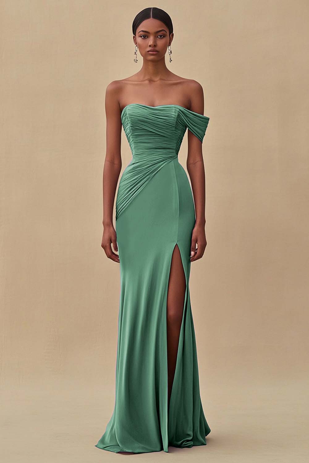 Eucalyptus Chiffon Ruched Sheath Formal Dress with Slit