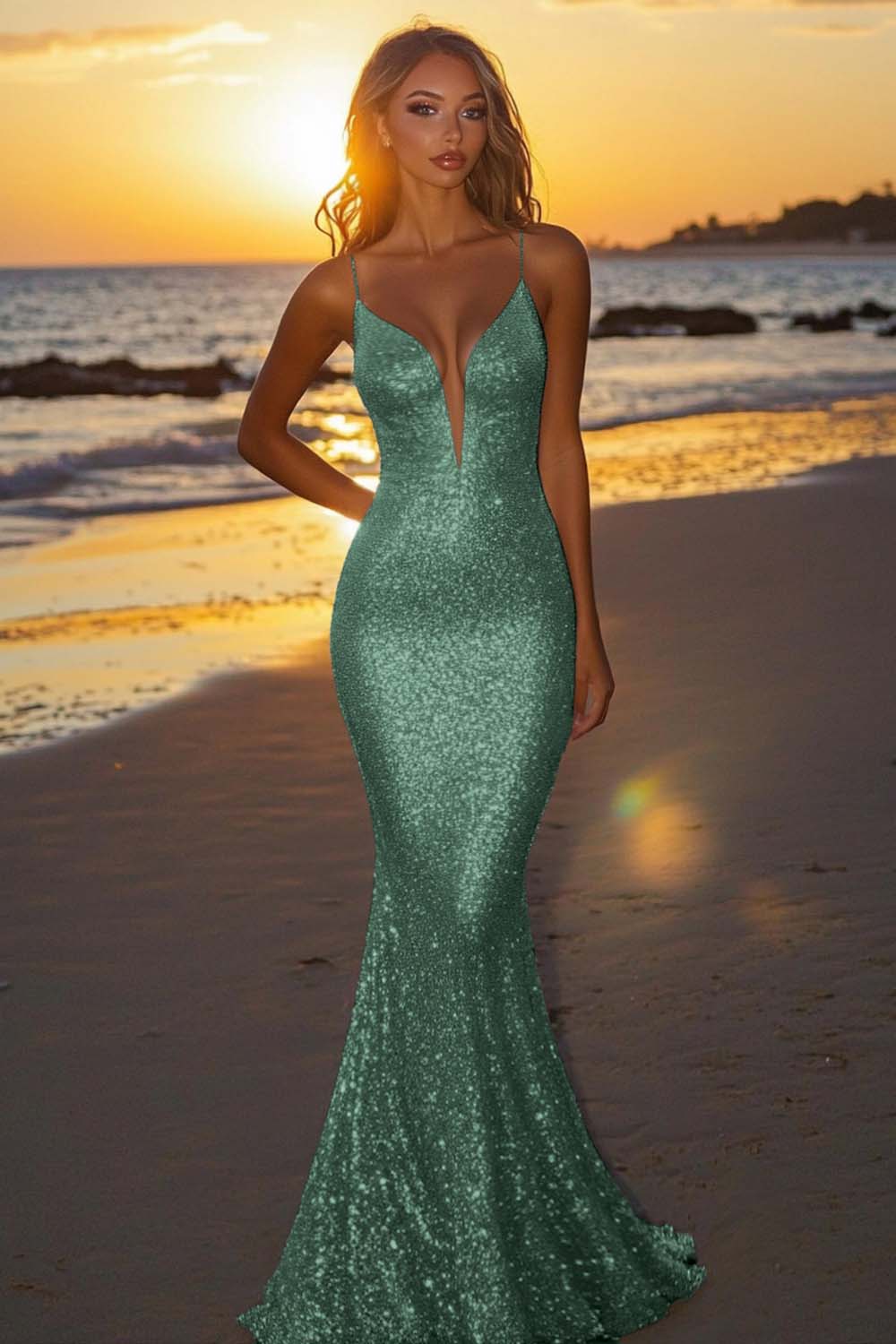 Sparkly Dusty Sage Sequined Spaghetti Straps Mermaid Formal Dress