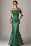 Off the Shoulder Eucalyptus Mermaid Satin Ruched Maxi Formal Dress