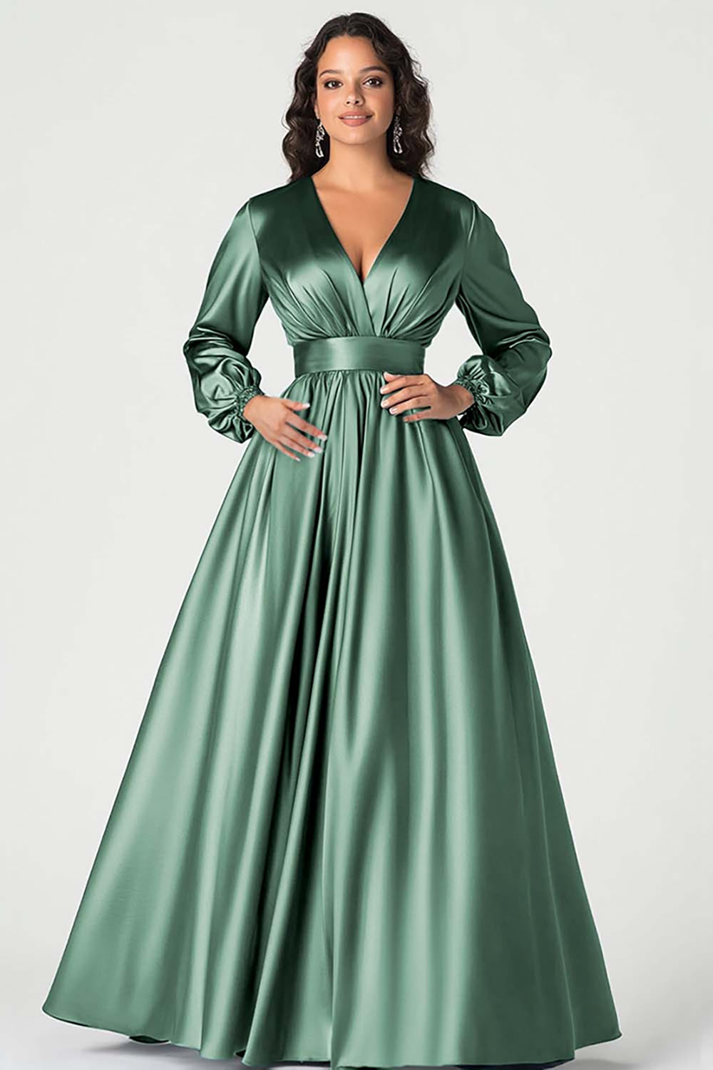 Dark Green A-Line Satin Mother of the Bride Dress with Long Sleeves