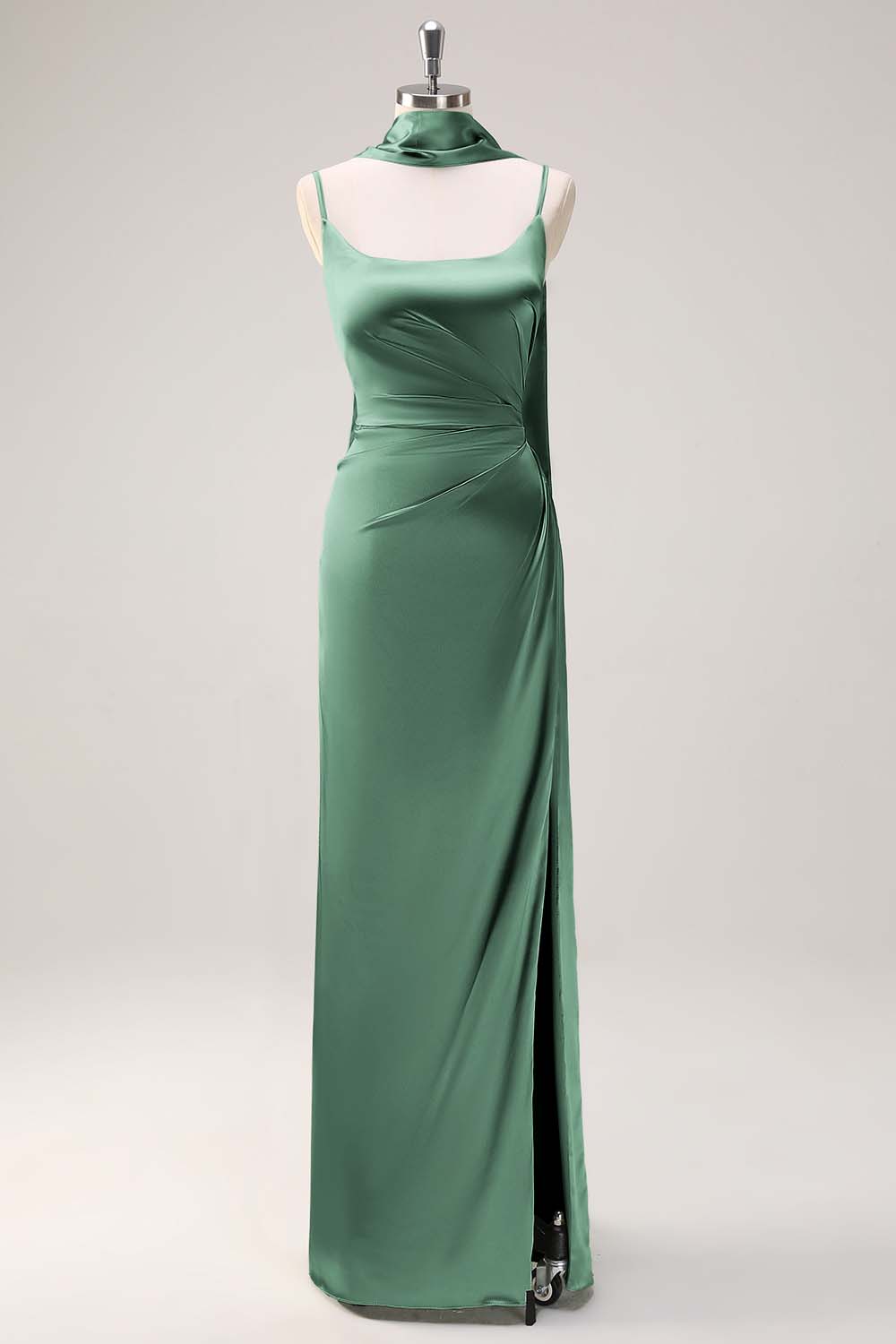 Blushing Pink Satin Scoop Neck Sheath Bridesmaid Dress with Ribbon