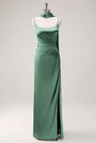 Blushing Pink Satin Scoop Neck Sheath Bridesmaid Dress with Ribbon