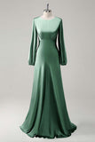 Dark Green Satin Long Sleeves A-Line Bridesmaid Dress