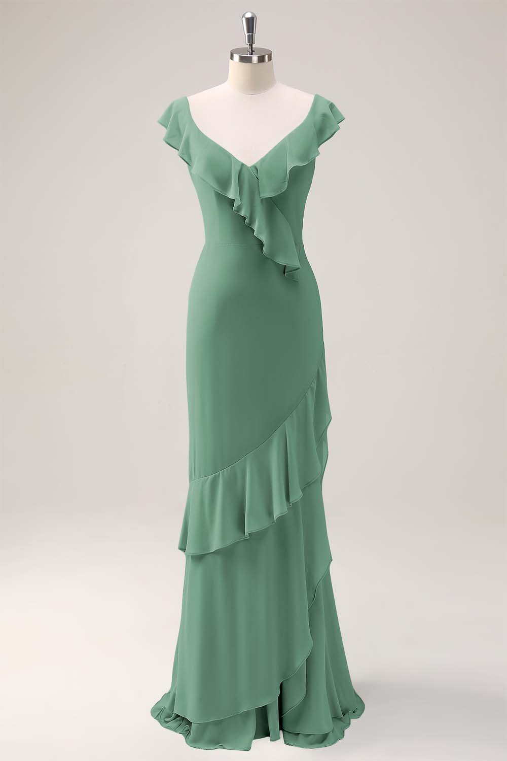 Dusty Sage V-Neck Mermaid Chiffon Bridesmaid Dress with Ruffles