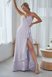 Slate Blue A Line Ruffles Long Bridesmaid Dress With Split