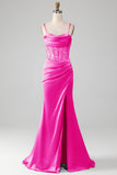 Fuchsia Mermaid Spaghetti Straps Corset Prom Dress with Split Front
