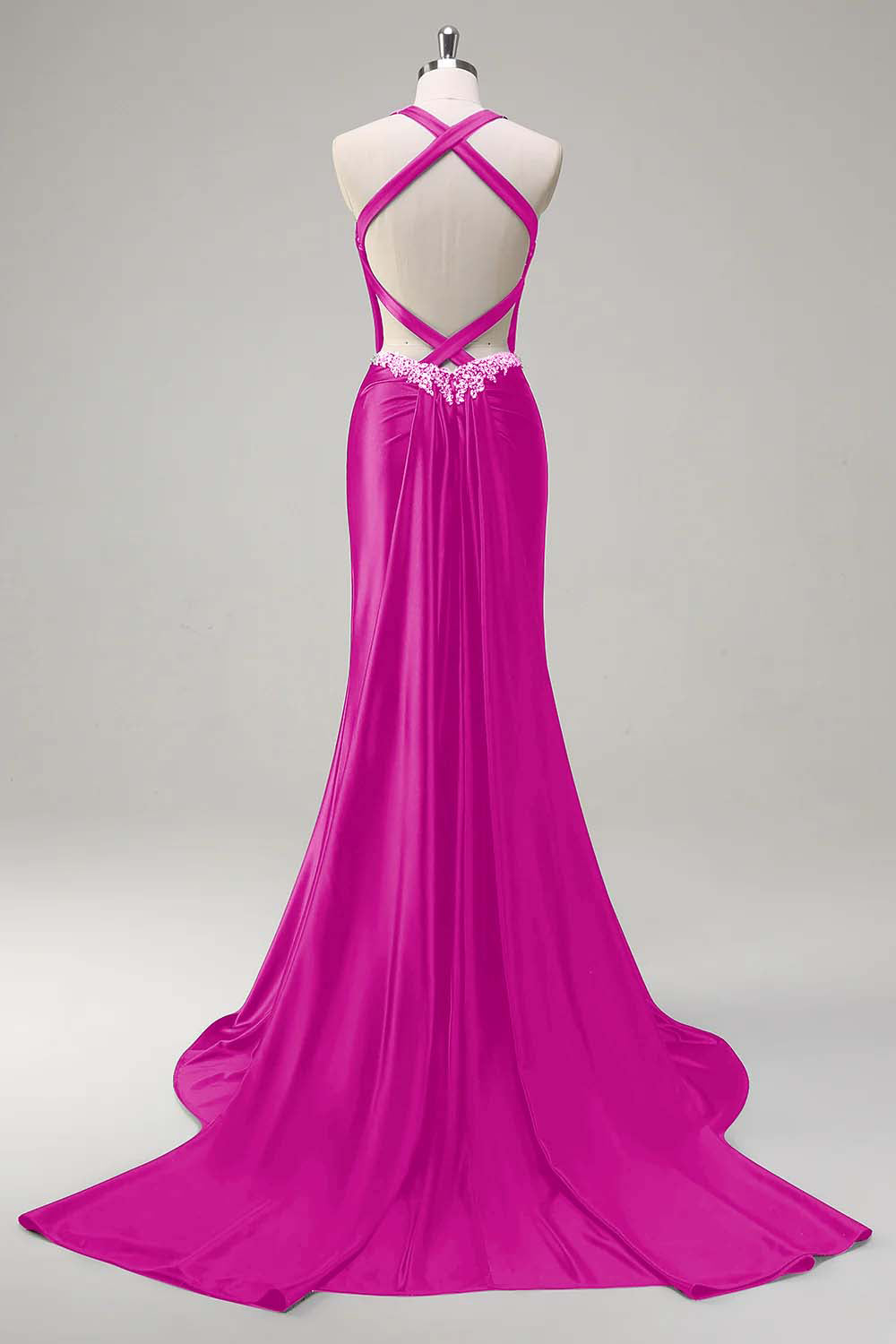 Pink Beaded Corset Satin Mermaid Sweep Train Prom Dress