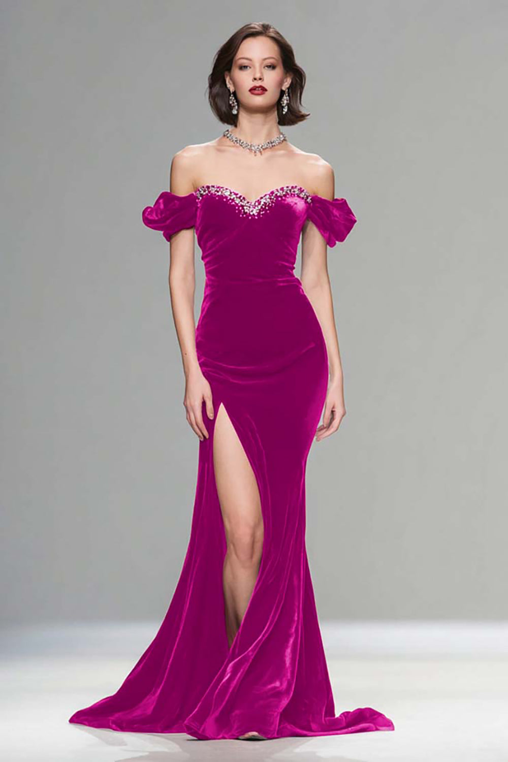 Burgundy Velvet Mermaid Long Holiday Party Dress with Beading
