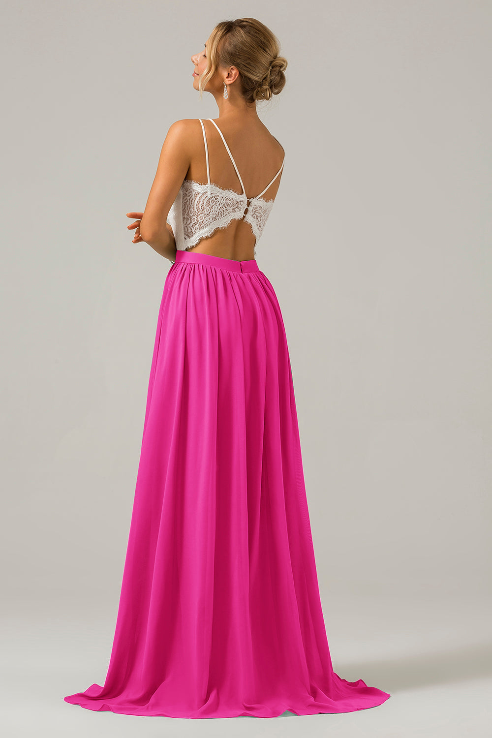 Dusk A-Line Spaghetti Straps Pleated Long Bridesmaid Dress With Lace