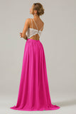 Dusk A-Line Spaghetti Straps Pleated Long Bridesmaid Dress With Lace