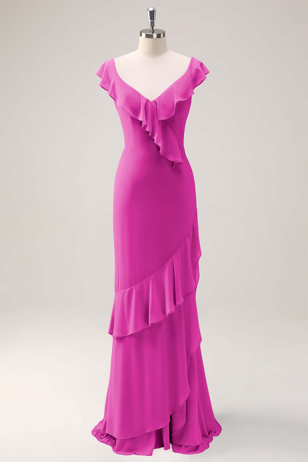Dusty Sage V-Neck Mermaid Chiffon Bridesmaid Dress with Ruffles
