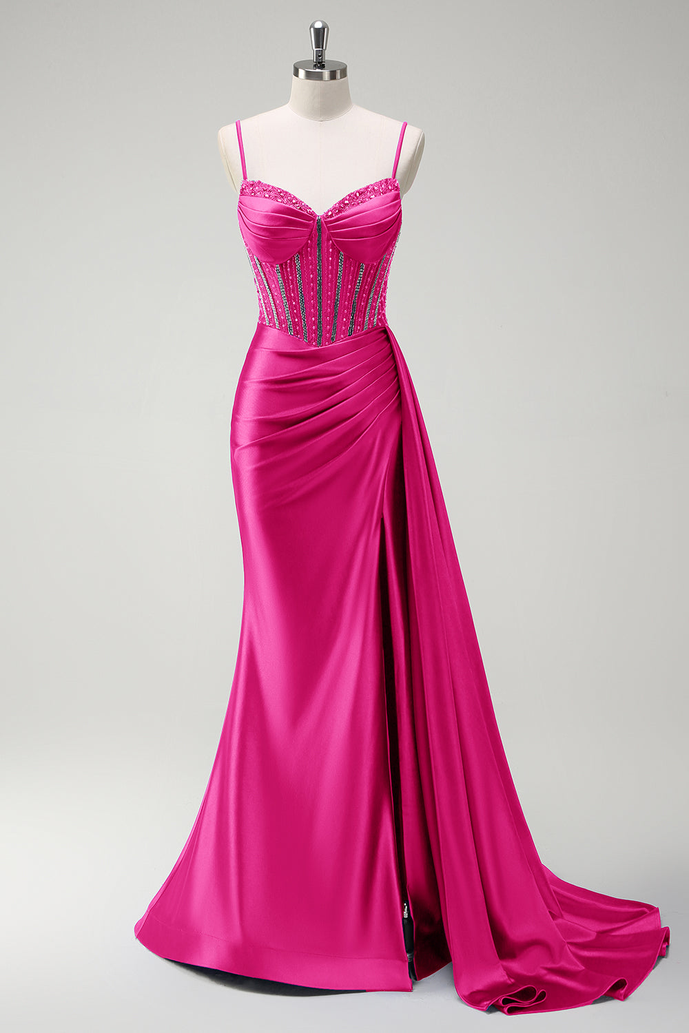 Sage Beaded Corset Side Cape Mermaid Satin Prom Dress with Slit