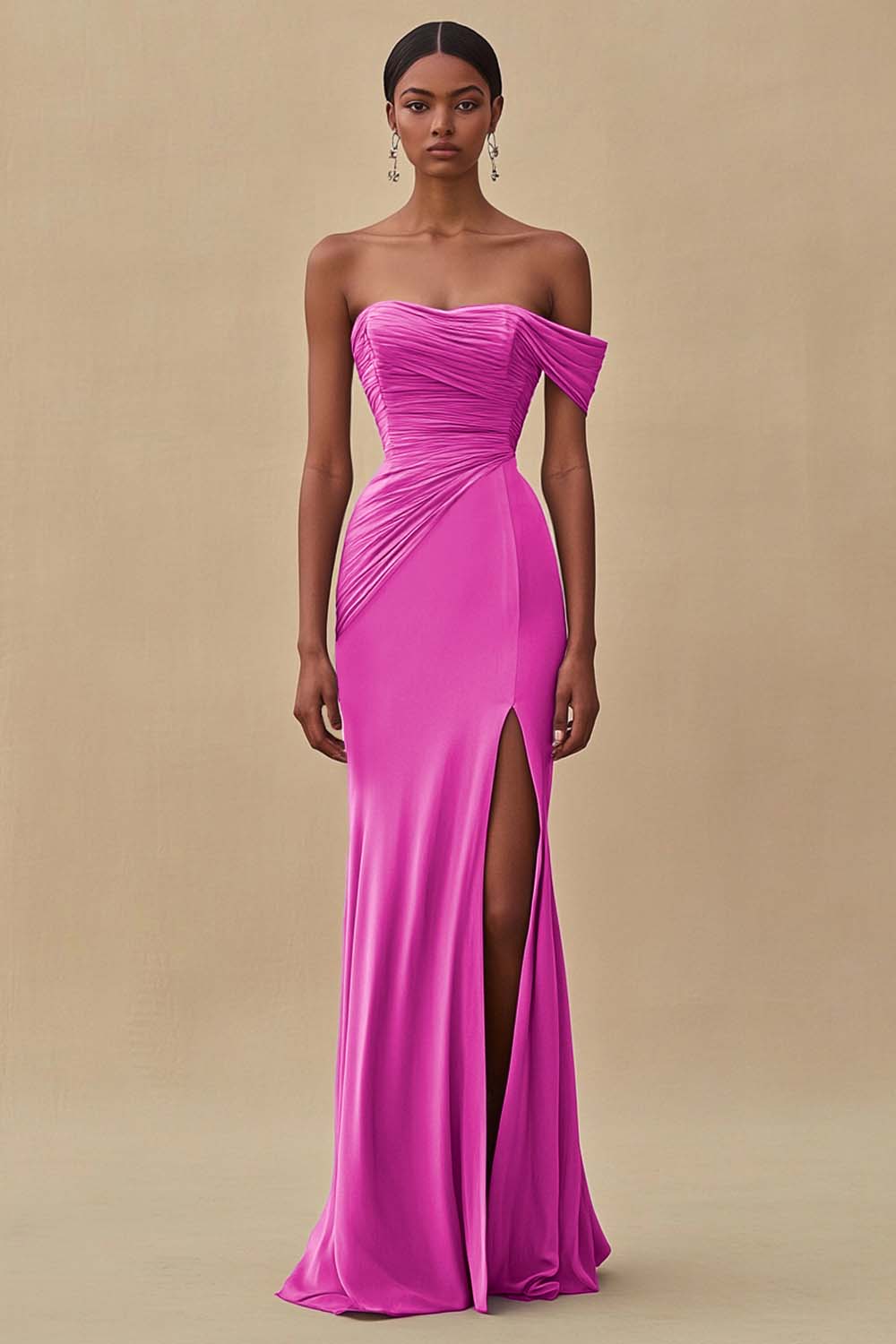 Eucalyptus Chiffon Ruched Sheath Formal Dress with Slit