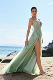 Green A Line Spaghetti Straps Applique Tulle Prom Dress with Slit