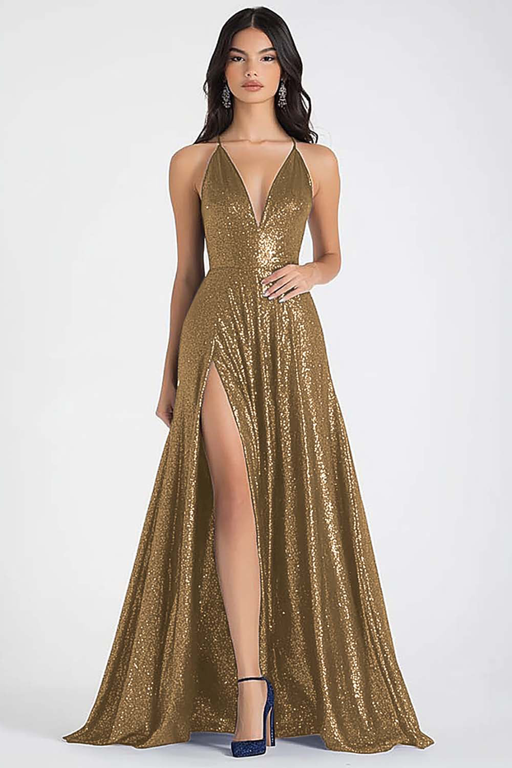 Sparkly Navy A Line Sequined V-Neck Maxi Prom Dress with Slit