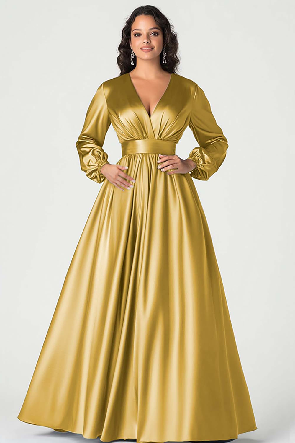 Dark Green A-Line Satin Mother of the Bride Dress with Long Sleeves