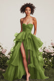 A Line Green Sweetheart Ruffled Maxi Formal Dress with Slit