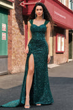 Sparkly Dark Green Sheath Sequin Prom Dress with Side Cape
