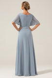 Dusty Blue A Line Chiffon V Neck Mother of Bride Dress with Short Sleeves