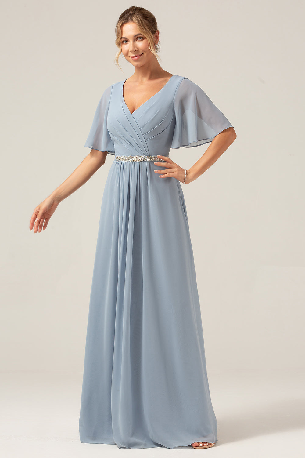 Dusty Blue A Line Chiffon V Neck Mother of Bride Dress with Short Sleeves