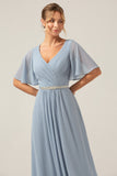 Dusty Blue A Line Chiffon V Neck Mother of Bride Dress with Short Sleeves