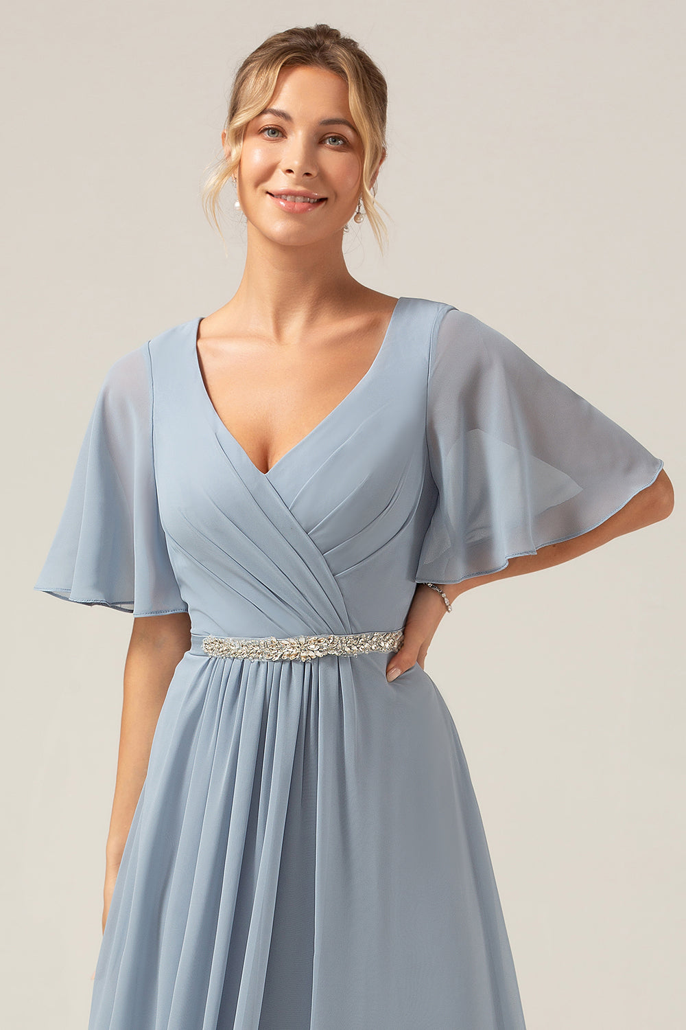Dusty Blue A Line Chiffon V Neck Mother of Bride Dress with Short Sleeves