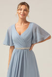 Dusty Blue A Line Chiffon V Neck Mother of Bride Dress with Short Sleeves