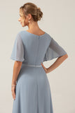 Dusty Blue A Line Chiffon V Neck Mother of Bride Dress with Short Sleeves