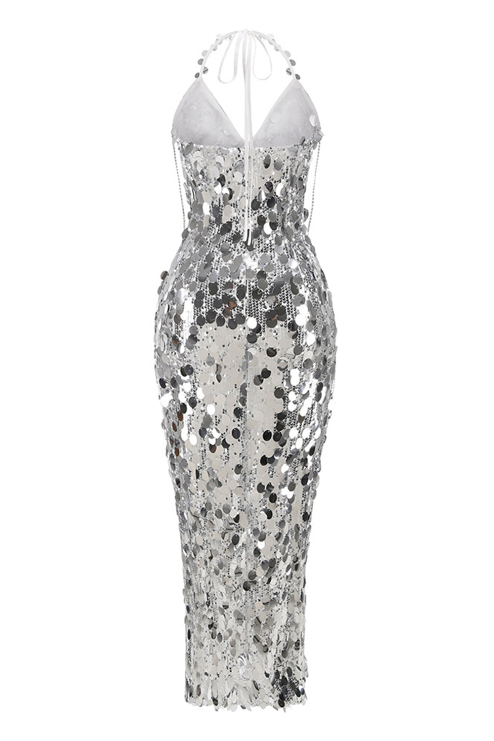 Sparkly Silver Sheath Halter Sequined Tassel Party Dress
