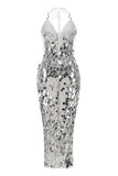 Sparkly Silver Sheath Halter Sequined Tassel Party Dress