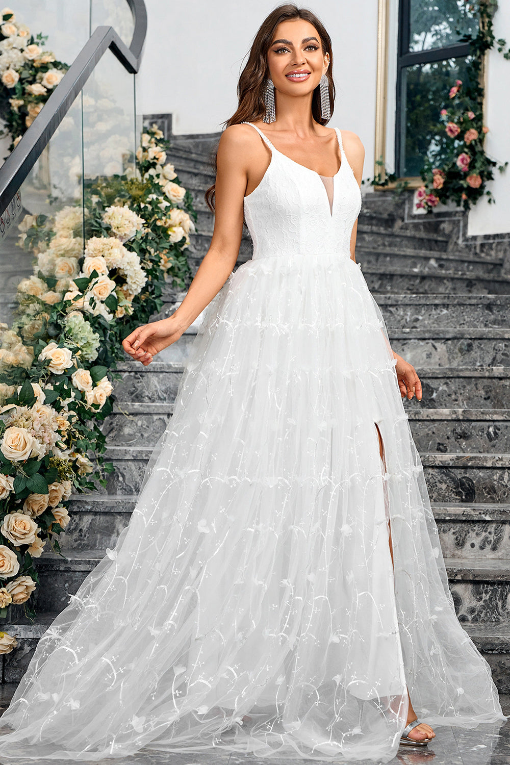 White A-Line Spaghetti Straps Slit Long Prom Dress with Appliqued