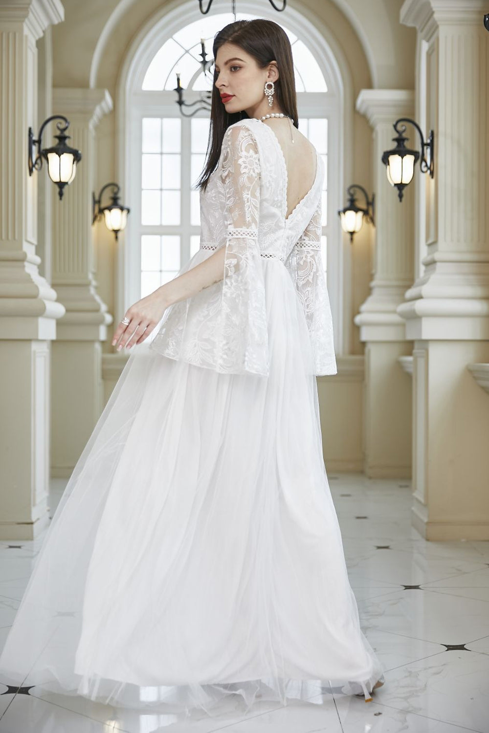 White A-Line Lace Bell Sleeves Long Prom Dress