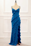 Dusty Rose Sheath Spaghetti Straps Long Bridesmaid Dress with Ruffles