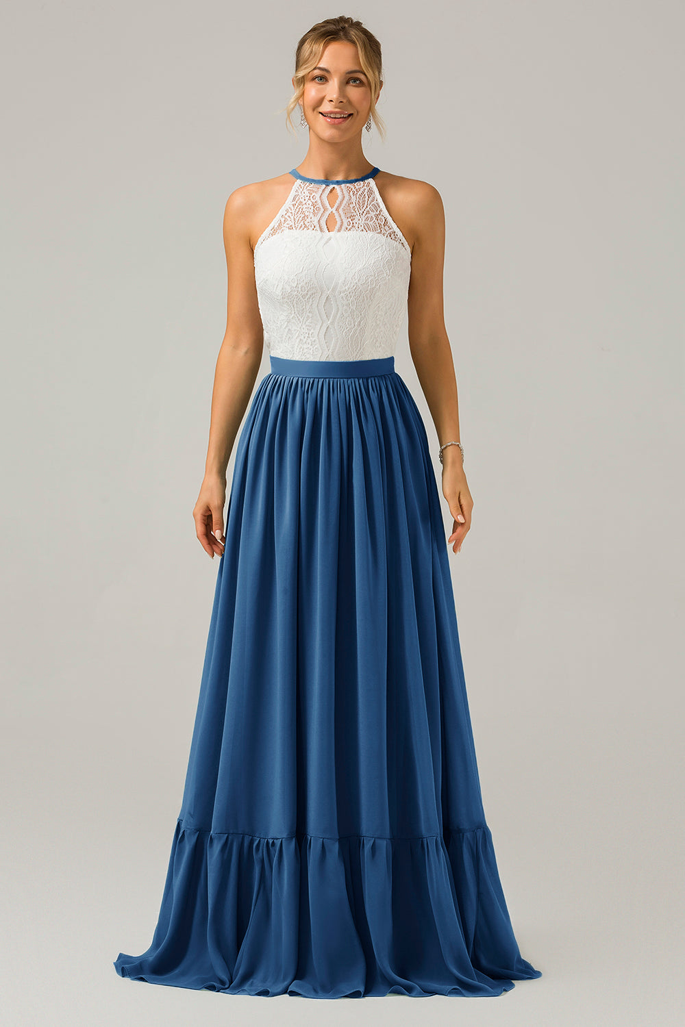 Dusk A-Line Halter Pleated Keyhole Chiffon Bridesmaid Dress With Lace