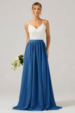 Dusk A-Line Spaghetti Straps Pleated Long Bridesmaid Dress With Lace