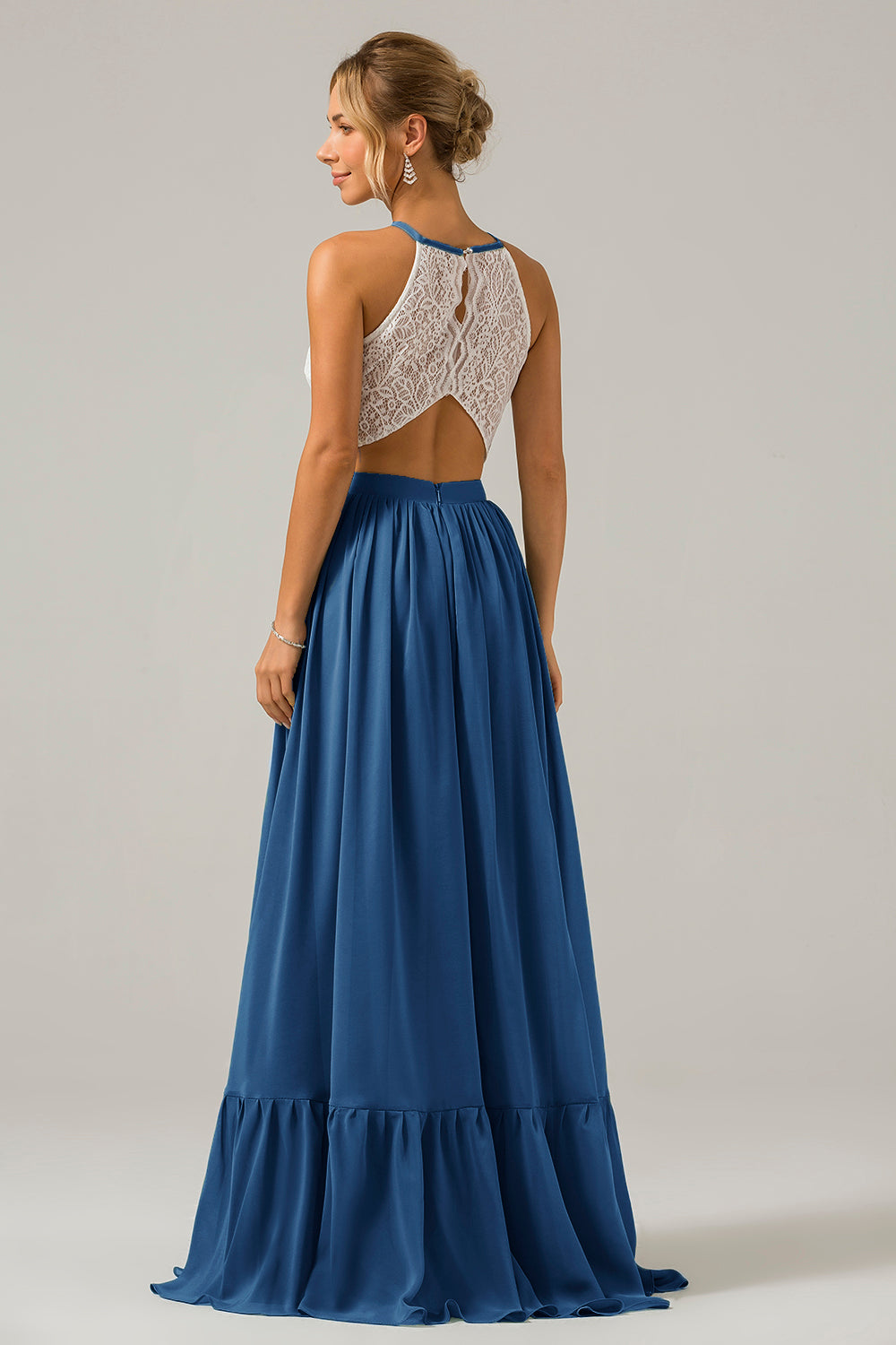 Dusk A-Line Halter Pleated Keyhole Chiffon Bridesmaid Dress With Lace