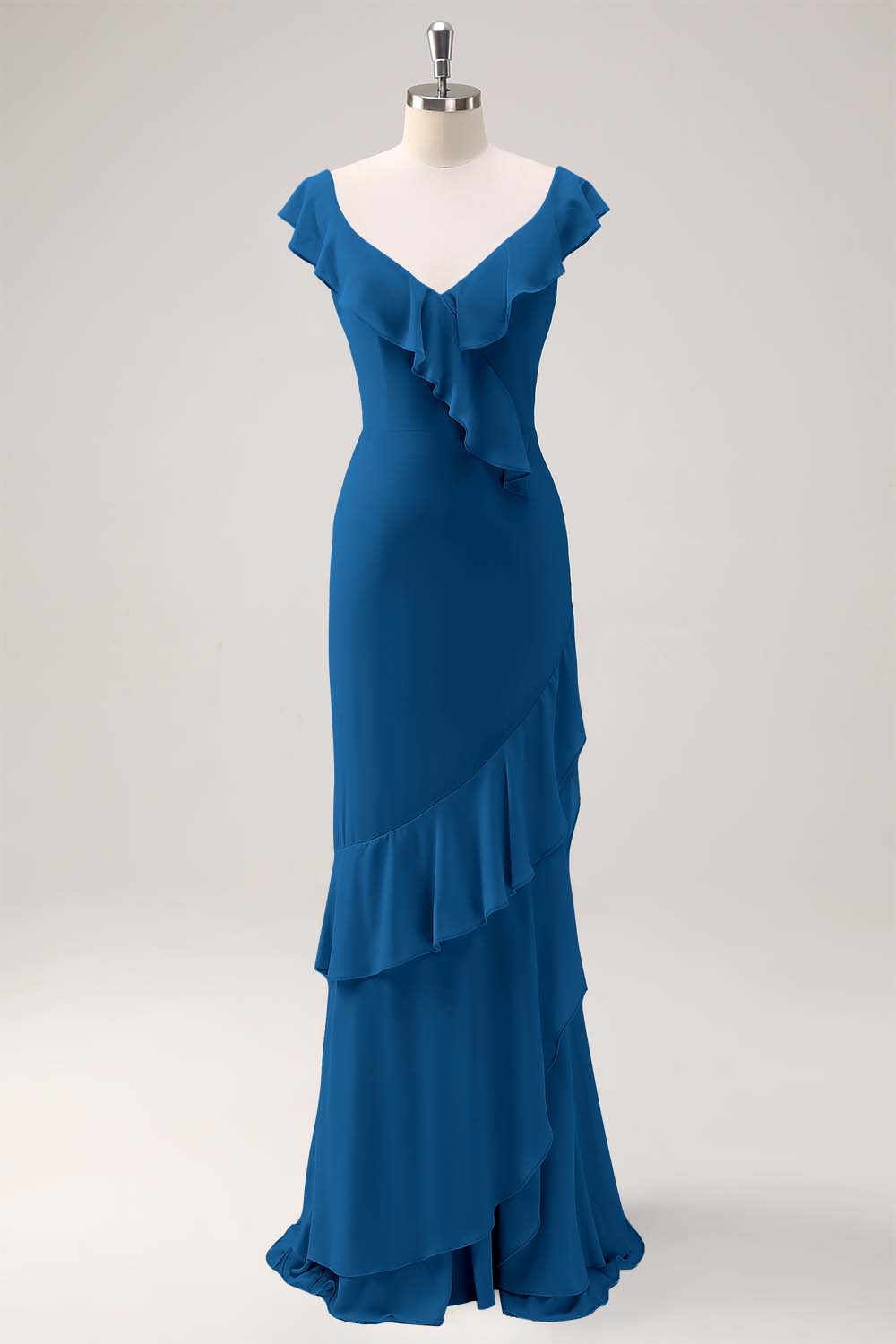 Blush Pink Mermaid V-Neck Chiffon Maxi Bridesmaid Dress with Ruffles