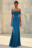 Red Off the Shoulder Sheath Chiffon Pleated Formal Dress