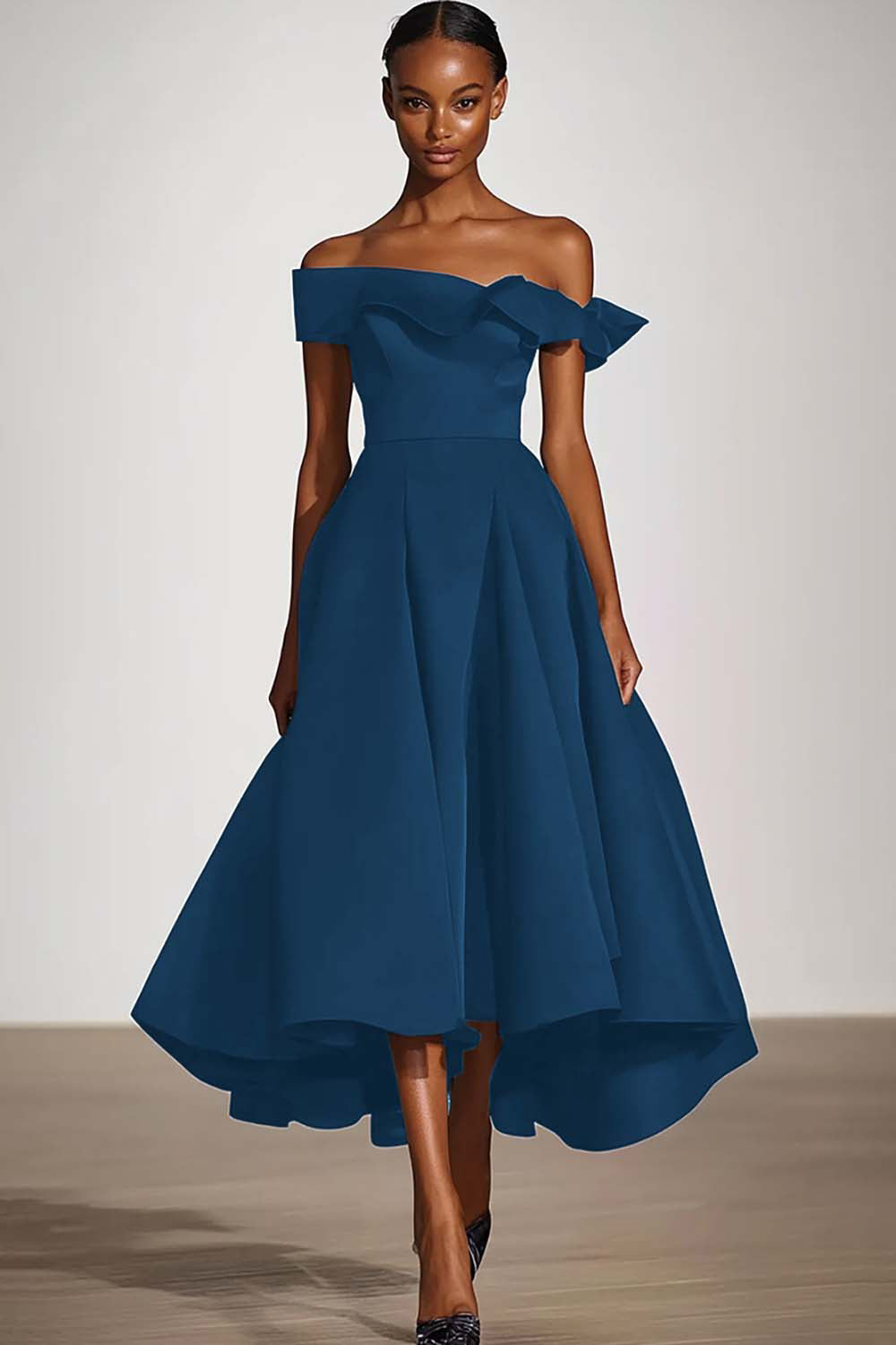Black Off the Shoulder A Line Ruffled Tea-Length Formal Dress