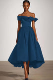 Black Off the Shoulder A Line Ruffled Tea-Length Formal Dress