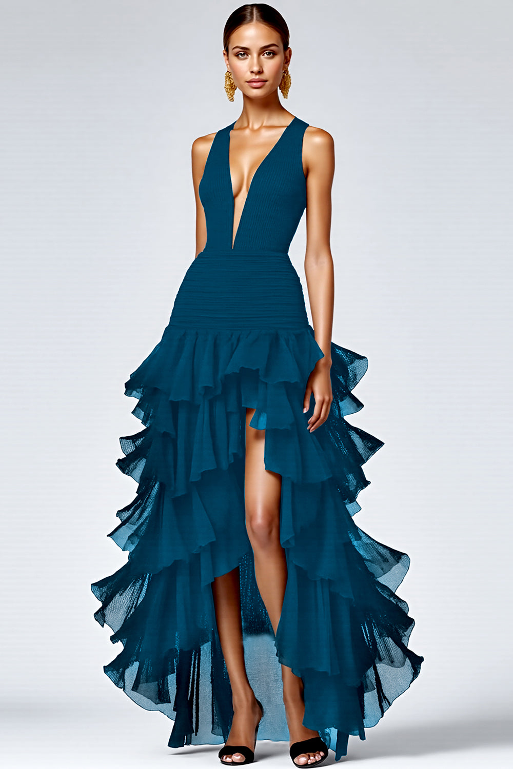 Black A Line Deep V-Neck Ruffled Long Formal Dress with Slit