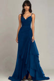 Ink Blue Spaghetti Straps Ruched Chiffon Maxi Formal Dress with Ruffles